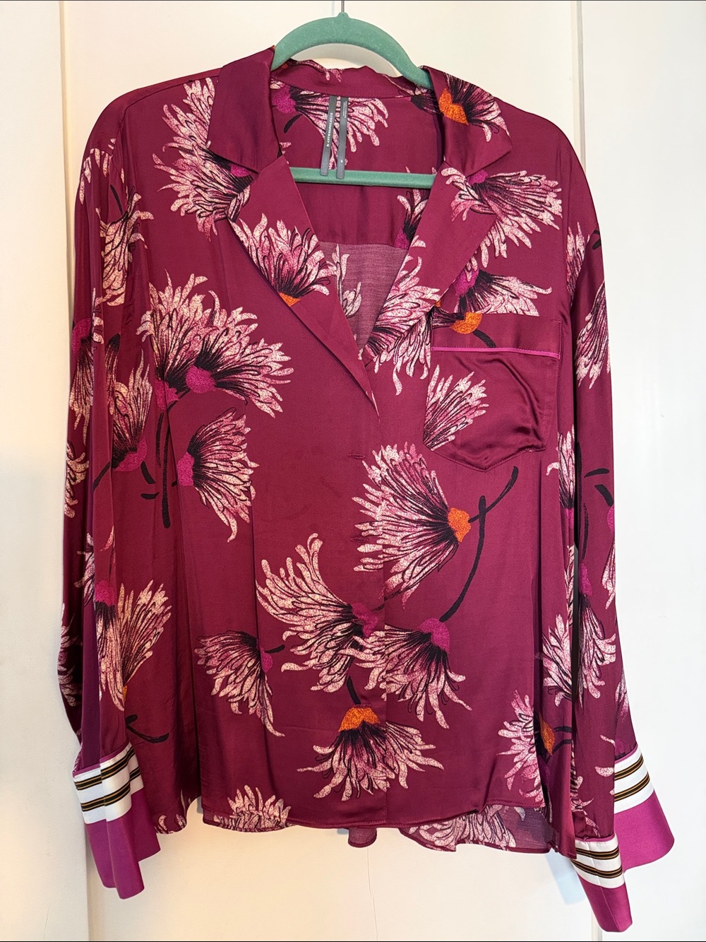 by Anthropologie Floral Button-Front Satin Pajama Too Blouse - Wine Pink